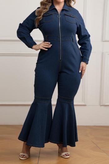 casual plus size non-stretch solid color zip-up denim flare jumpsuit