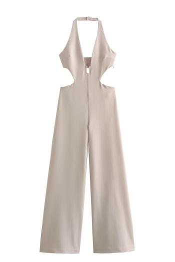 sexy slight stretch solid color halter-neck hollow jumpsuit