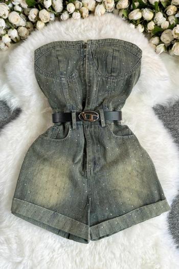 new sexy non-stretch shiny bandeau off-the-shoulder denim playsuit(with belt)