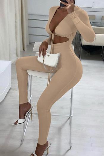 pure color high stretch hollow lace-up sexy tight-fitting slim jumpsuit