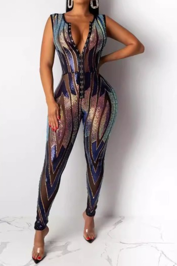 new sexy plus-size hight stretch patchwork sequin tight sleeveless jumpsuit