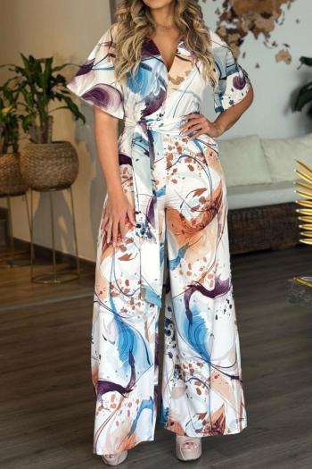 casual non-stretch batch printing v-neck zip-up waist jumpsuit
