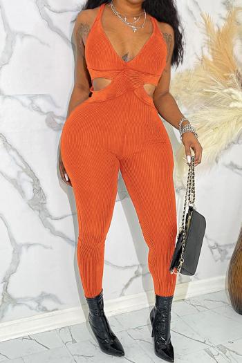sexy slight stretch solid color deep v-neck hollow jumpsuit