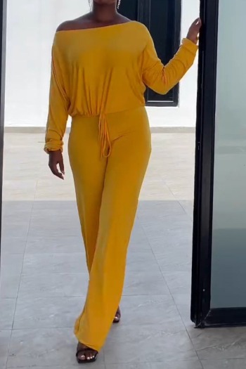 new casual plus-size slight stretch solid color bat-sleeve drawstring jumpsuit