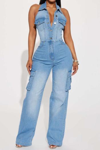 sexy plus size slight stretch denim halter-neck button jumpsuit