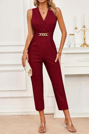 stylish non-stretch 3 colors v-neck sleeveless chain decor jumpsuit
