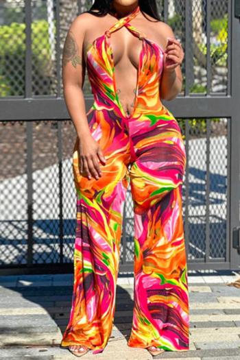sexy plus size slight stretch batch printing halter neck backless jumpsuit