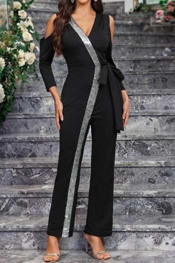 stylish slight stretch cutout sequin v-neck jumpsuit