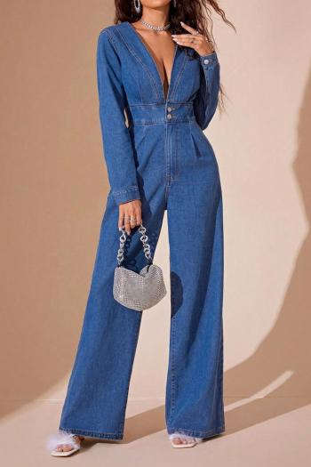 new casual non-stretch patchwork denim pocket v-neck slim jumpsuit