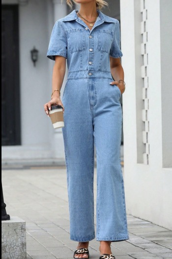 new casual non-stretch patchwork denim pocket slim short sleeves jumpsuit