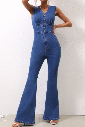 new casual slight stretch patchwork v-neck slim sleeveless jumpsuit