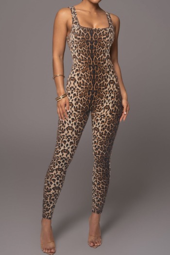 stylish sexy plus-size slight stretch batch printing leopard suspender jumpsuit