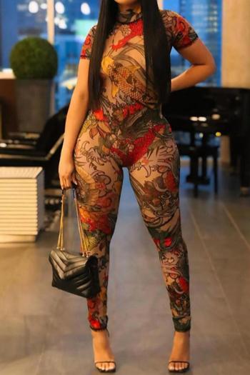 sexy slight stretch backless batch printing crew neck jumpsuit