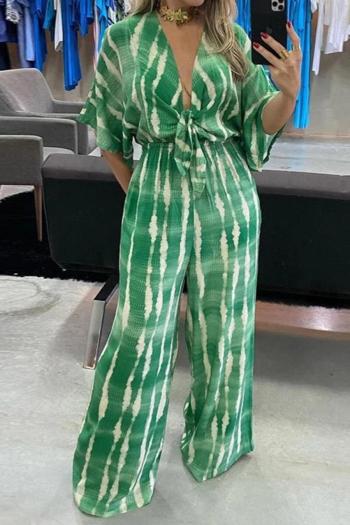 plus size slight stretch contrast color printing sexy laced deep-v neck jumpsuit