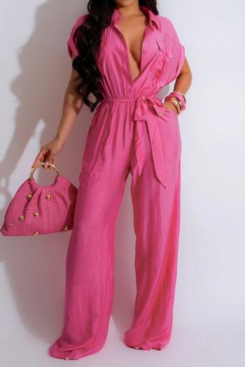 casual plus size non-stretch solid color wide-leg jumpsuit (with belt)