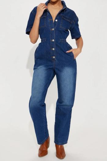 casual plus size slight stretch denim short sleeve single-breasted jumpsuit