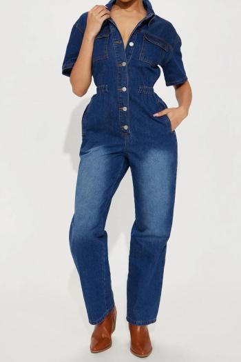 casual plus size slight stretch denim lapel button pocket jumpsuit