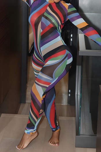 sexy slight stretch see through stripe mesh long sleeve skinny jumpsuit