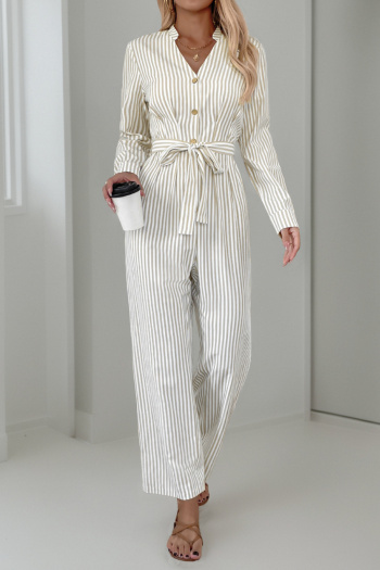 stylish contrast no-stretch patchwork stripes long sleeve jumpsuits(with belt)
