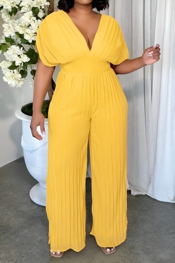 stylish plus size 3 colors non-stretch v-neck backless pleated jumpsuit