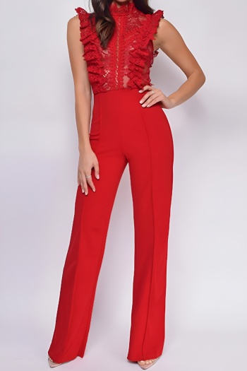 sexy plus size slight stretch stitching lace crew neck jumpsuit