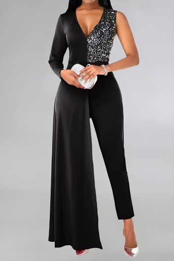 stylish plus-size slight stretch patchwork sequins solid color v-neck jumpsuits
