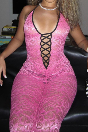 sexy slight stretch contrast color halter-neck lace jumpsuit(size run small)