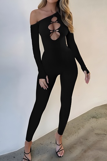 sexy slight stretch solid color tight hollow thumb hole jumpsuit