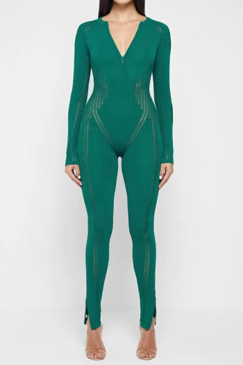 sexy slight stretch solid color tight zip-up knitted jumpsuit