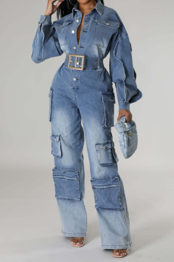 casual plus size non-stretch denim lapel without belt jumpsuit