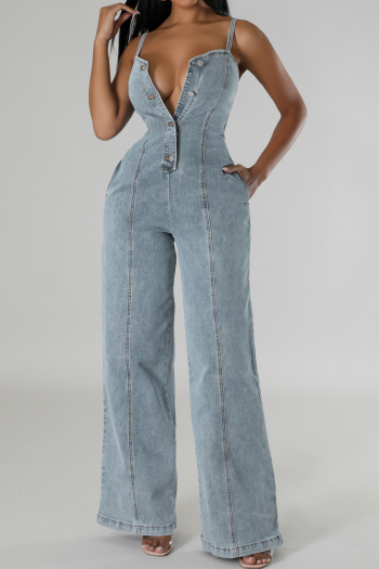 casual plus size non-stretch denim solid color sling jumpsuit