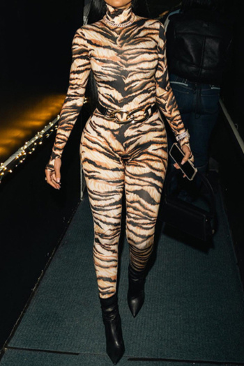 casual slight stretch crew neck tiger pattern printing jumpsuit(no belt)