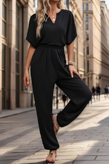 casual non-stretch plain color short sleeve jumpsuit