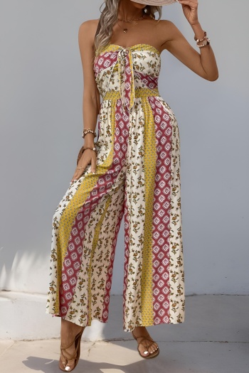 bohemian style slight stretch graphic printing tube design wide-leg jumpsuit