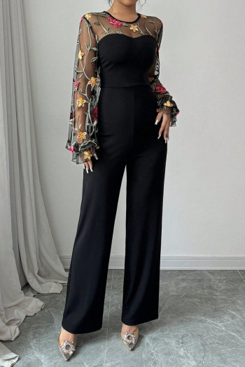casual plus size non-stretch mesh embroidery flower slim fit jumpsuit