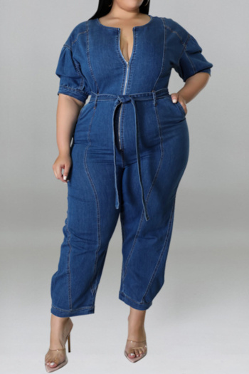 casual plus size non-stretch solid color short sleeve denim jumpsuit with belt