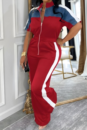 stylish plus-size high-stretch suede & denim 3-color short-sleeved jumpsuit