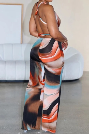 sexy plus size slight stretch batch printing lace-up halter-neck jumpsuit