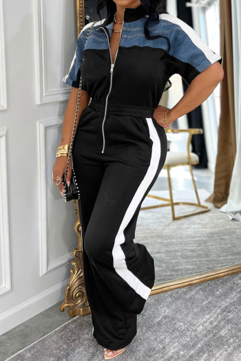 stylish plus-size medium stretch patchwork denim contrast color zip-up jumpsuits
