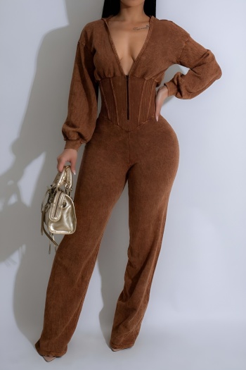 stylish trend plus size slight stretch textured v-neck zip-up jumpsuit