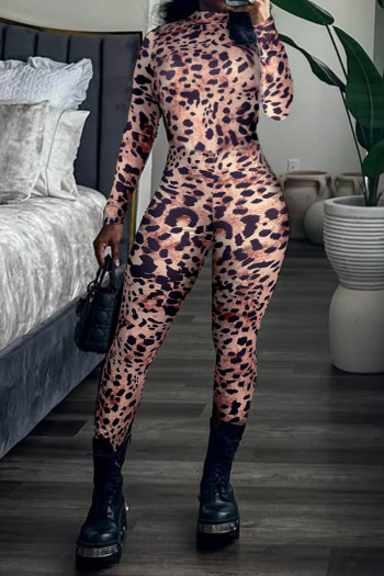 casual plus size slight stretch slim fit leopard print with zip-up jumpsuit