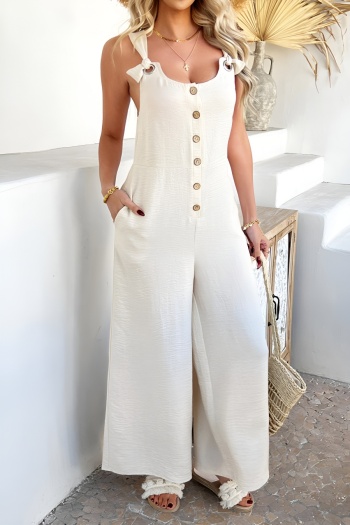 casual non-stretch tatting pure color single-breasted wide-leg jumpsuit