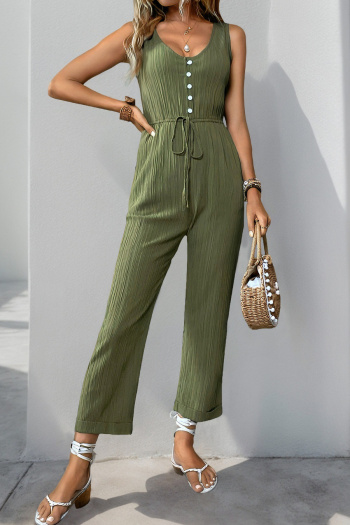casual non-stretch 5 colors solid color crew neck button jumpsuit