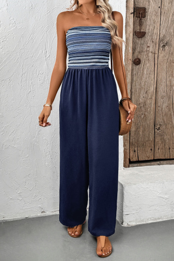 casual slight stretch tube design stripe pattern jumpsuit