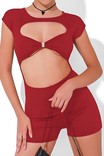 sexy high stretch pure color hollow out lace-up skinny playsuit