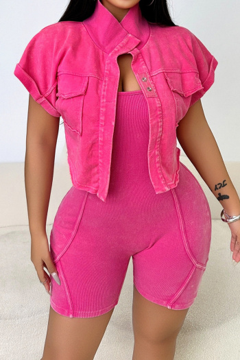 casual stretch solid color slim fit sleeveless playsuit short-sleeved top set