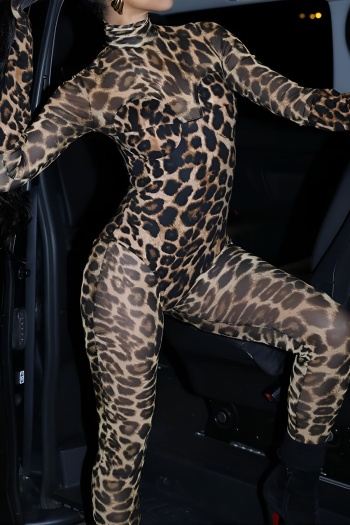 new medium stretch patchwork leopard printing mesh long sleeve jumpsuits