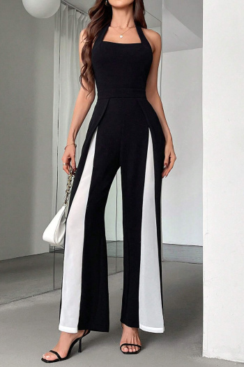 stylish new plus size non-stretch halter neck contrast color straight jumpsuit