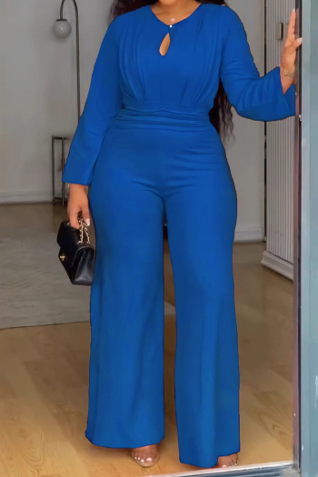 casual plus size slight stretch crew neck solid color jumpsuit