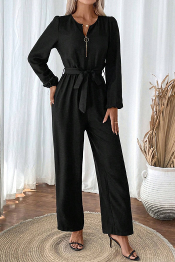 casual plus size non-stretch solid color zip-up jumpsuit with belt
